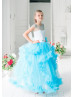 Cap Sleeves Blue Tulle Clouds Ruffled Flower Girl Dress